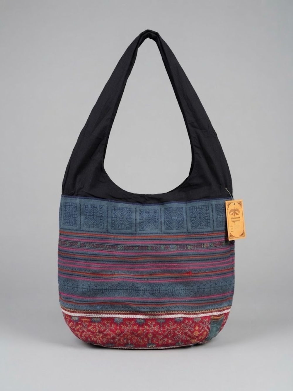 Bohemian Striped cross stitched Cotton Hobo Bag in Blue and Red